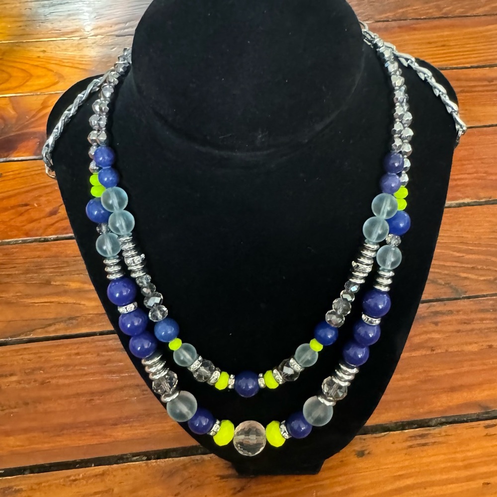 Loft Necklace Yellow Navy & Silver Tone With faceted beads 36” Double Stranded